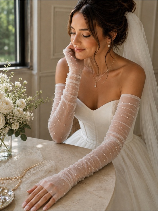 Anthropologie Accessories - Anthropologie Pearl Tulle Fingerless Bridal Gloves Sheer Mesh Wedding Coquette